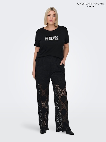 ONLY Curve Black Graphic Print Sequin Rock Short Sleeve 100% Cotton T-Shirt (AY3502) | £22