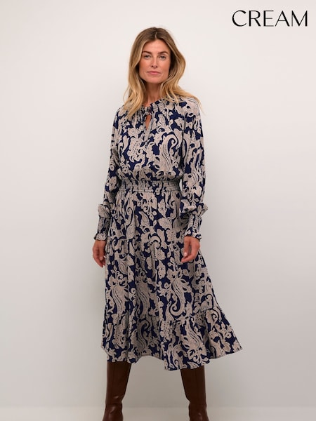 Cream Long Sleeve Printed Midi Blue Dress (AY3543) | £130
