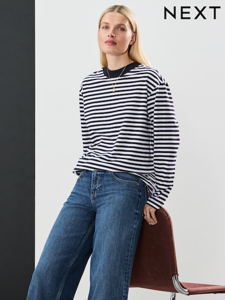 Navy/Ecru Slouch Fit Long Sleeve Top (AY3625) | £16