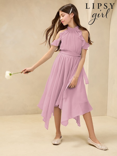 Lipsy Lilac Purple Hanky Hem Cold Shoulder Occasion Dress (7-16yrs) (AY3626) | £39 - £47