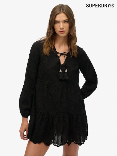 Superdry Black Mini Broderie Tiered 100% Cotton Dress (AY3691) | £55