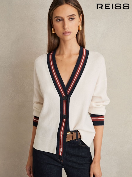Reiss White Mila Wool Cashmere Stripe Trim Cardigan (AY3748) | £130