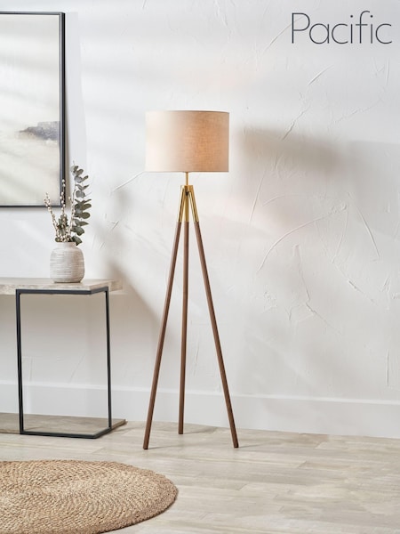 Pacific Gold Metal and Wood Grain Tripod Floor Lamp (AY3801) | £150