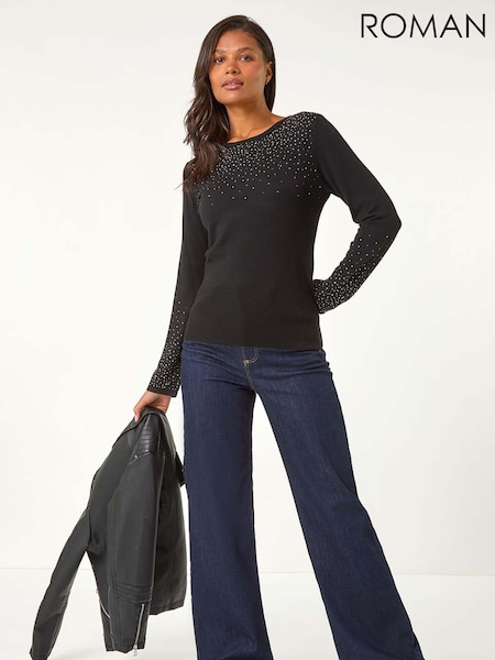 Roman Black Hotfix Embellished Sleeve Knit Jumper (AY3869) | £40
