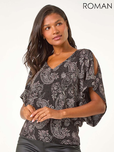 Roman Pink Glitter Print Banded Hem Stretch Top (AY3870) | £42