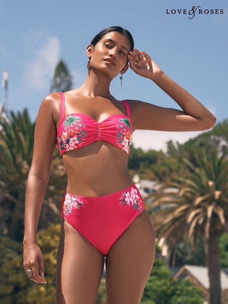 Love & Roses Pink Tropical Embroidered Ruched High Waist Bikini Bottoms (AY4039) | £22