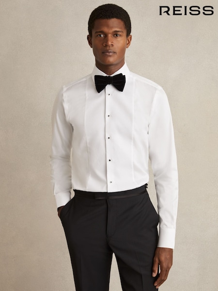 Reiss White Marcel Regular Fit Slim Fit Cotton Marcella Tuxedo Shirt (AY4041) | £118
