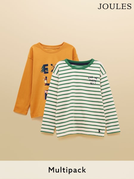 Joules Boys' Yellow Print & Green Stripe Long Sleeve Tops 2 Pack (AY4063) | £19.95 - £23.95