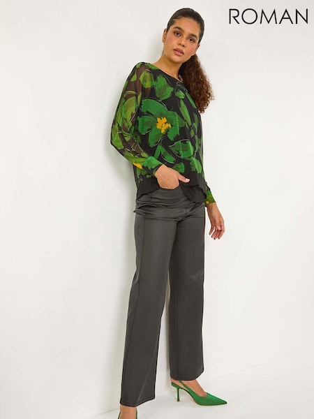 Roman Green Floral Mesh Overlay Stretch Top (AY4083) | £35