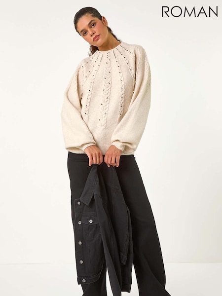 Roman Natural Graduated Faux Pearl Cable Knit Jumper (AY4095) | £42