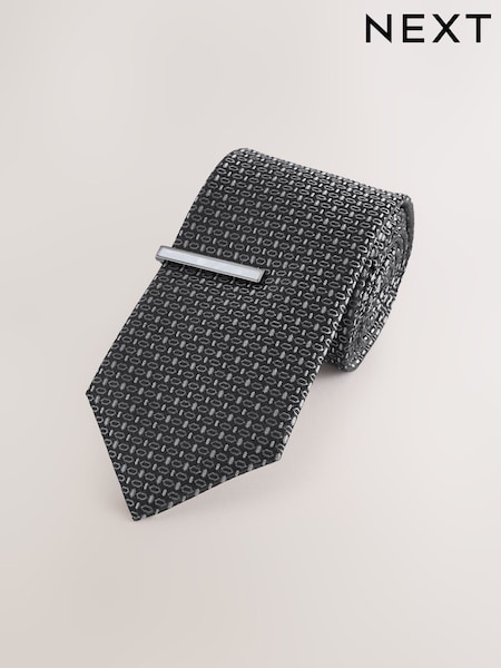 Grey Wide Silk Tie With Tie Clip (AY4106) | £28