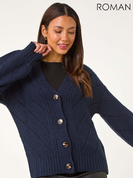 Roman Blue Stitch Detail Boucle Knit Cardigan (AY4193) | £40