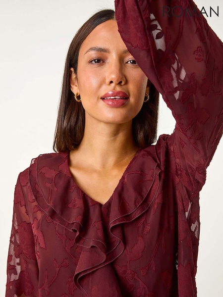 Roman Red Floral Print Ruffle Burnout Top (AY4204) | £40