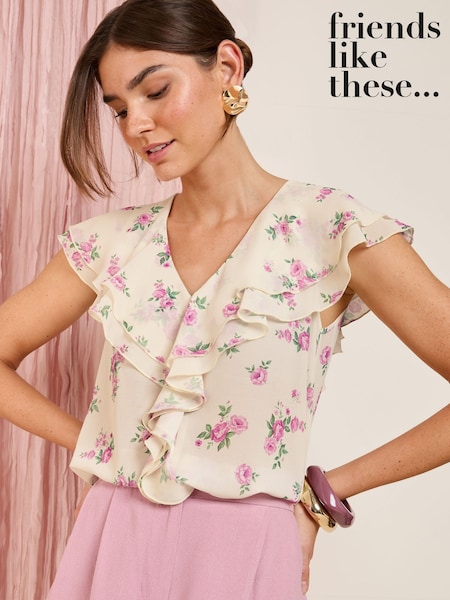Friends Like These Cream Short Sleeve Ruffle Blouse (AY4304) | £35