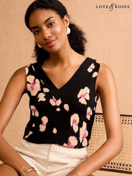 Love & Roses Black Animal Print V-Neck Jersey Vest (AY4355) | £22