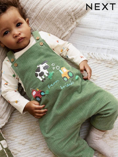 Green Farm Cord Dungarees and Bodysuit Baby Set (0mths-2yrs) (AY4416) | £20 - £22