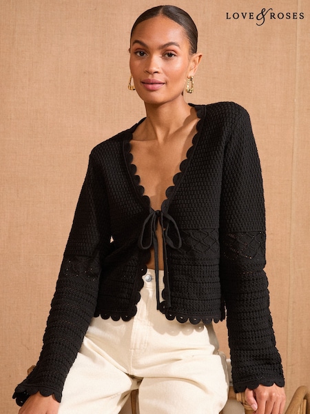 Love & Roses Black Scallop Tie Cardigan (AY4701) | £39