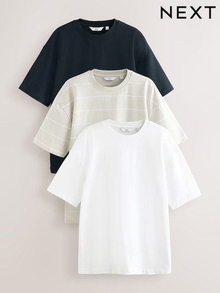 Navy/White/Grey Stripe Relaxed Fit Heavyweight T-Shirts 3 Pack (AY4912) | £46
