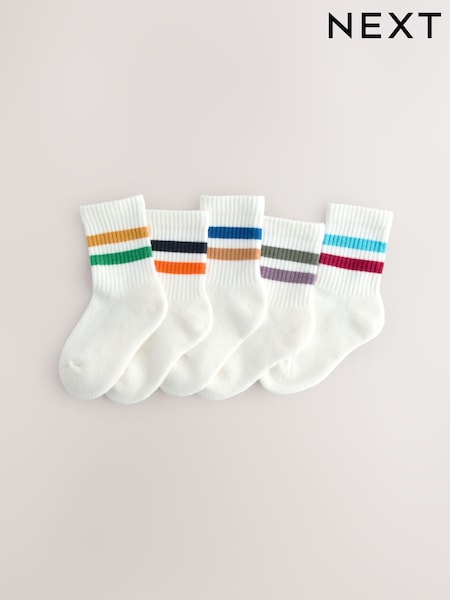 Multi/White Cushioned Footbed Cotton Rich Ribbed Tipped Socks 5 Pack (AY4919) | £7 - £9