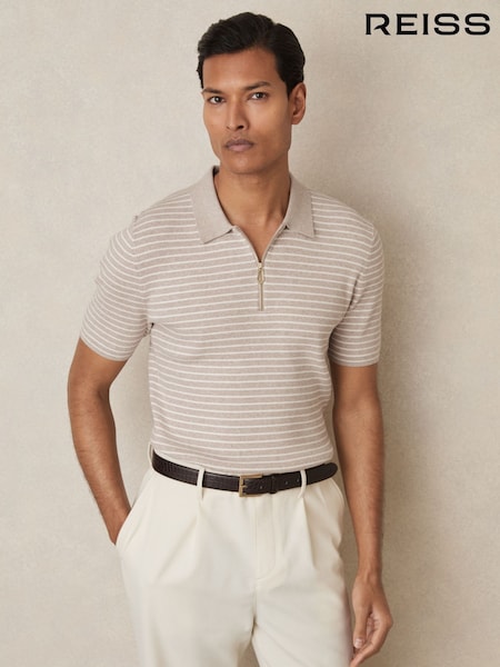 Reiss Oatmeal Melange Fallow Half-Zip Stripe Polo Shirt (AY4937) | £110