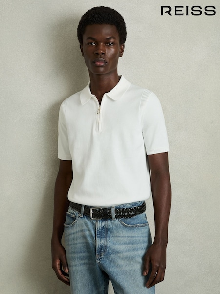 Reiss White Berkley Cotton Half-Zip Knitted Polo Shirt (AY4953) | £98
