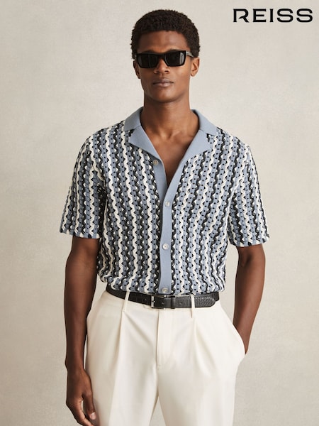 Reiss Airforce Blue Roulette Textured-Knit Cuban-Collar Shirt (AY4956) | £120
