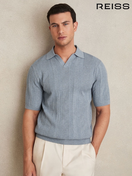 Reiss Airforce Blue Kansas Textured-Stripe Knitted Polo Shirt (AY4959) | £110