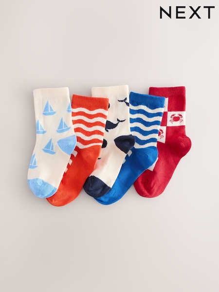 Navy/Red/Ecru Nautical Print Rich Socks 5 Pack (AY4995) | £7 - £9