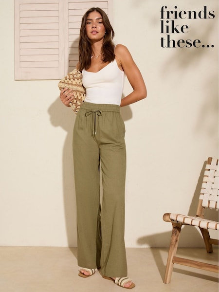 Friends Like These Khaki Green Petite Wide Leg Linen Blend Trousers (AY4997) | £28