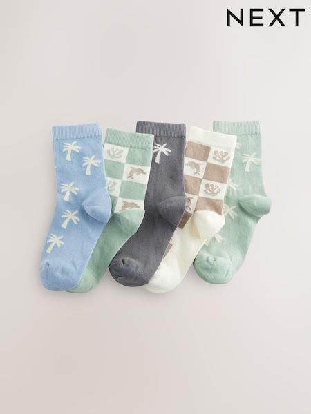Sage Green/Blue/Neutral Palm Trees Cotton Rich Socks 5 Pack (AY4998) | £7 - £9