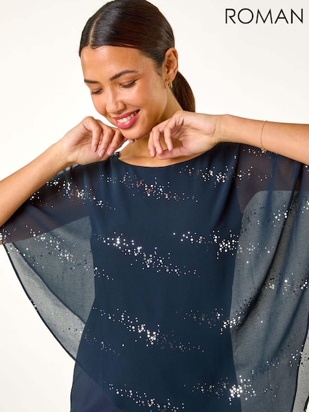 Roman Blue Leopard Print Sequin Asymmetric Overlay Top (AY5024) | £40