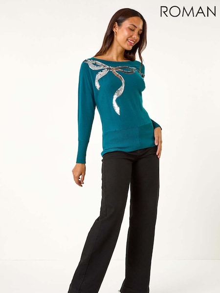 Roman Blue Sequin Bow Slash Neck Blouese (AY5026) | £42