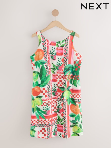 Red Floral Fruit Print Scoop Back Mini Shift Dress With Linen (AY5031) | £34