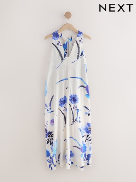 Blue on White Floral Halterneck Maxi Dress With Linen (AY5032) | £46
