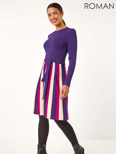 Roman Purple Roman Vertical Stripe Knitted Dress (AY5133) | £50