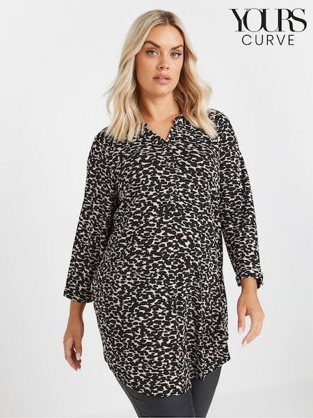 Yours Curve Black & Natural Brown Animal Print Button Shirt (AY5155) | £29