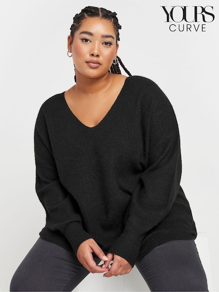 Yours Curve Black V-Neck Balloon Sleeve Jumper (AY5160) | £29