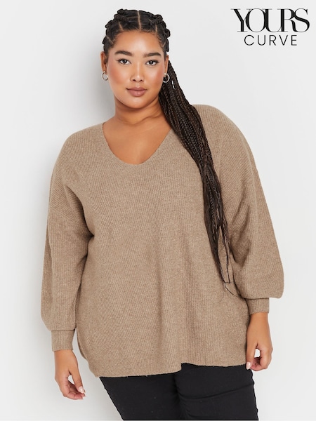 Yours Curve Natural V-Neck Balloon Sleeve Jumper (AY5163) | £29
