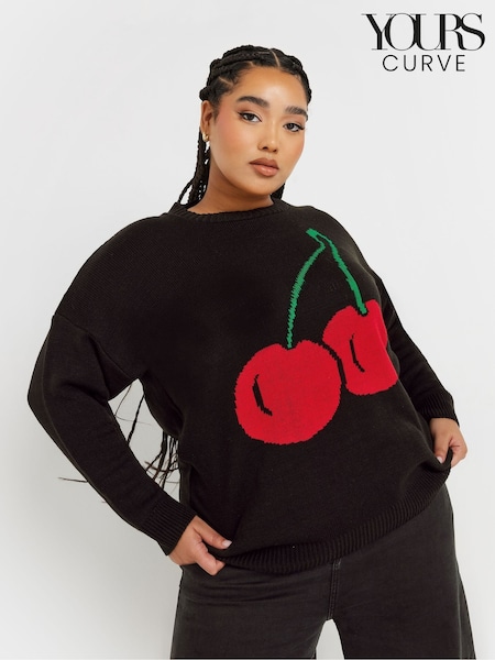 Yours Curve Black Limited Collection Curve Cherry Knitted Jumper (AY5193) | £29