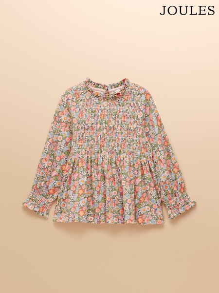 Joules Girls' Gracie Pink Ditsy Long Sleeve Shirred Top (AY5467) | £17 - £21