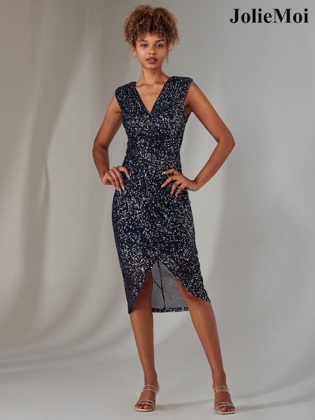 Jolie Moi Blue Plain Wrap Mesh Maxi Dress (AY5555) | £79
