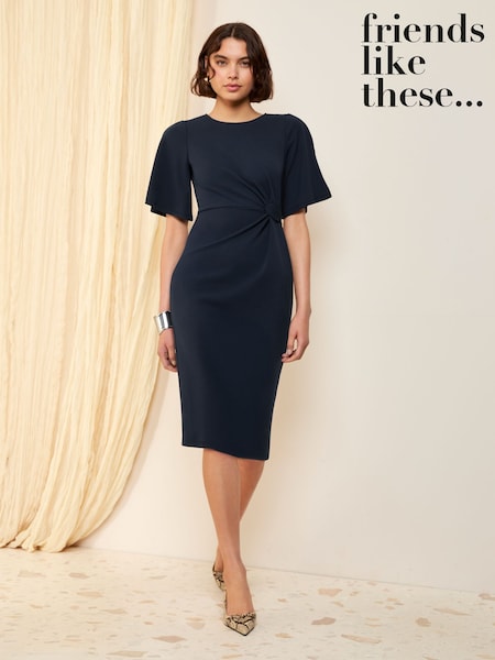 Friends Like These Navy Flutter Sleeve Knot Waist Detail Midi Tailored Dress (AY5667) | £44