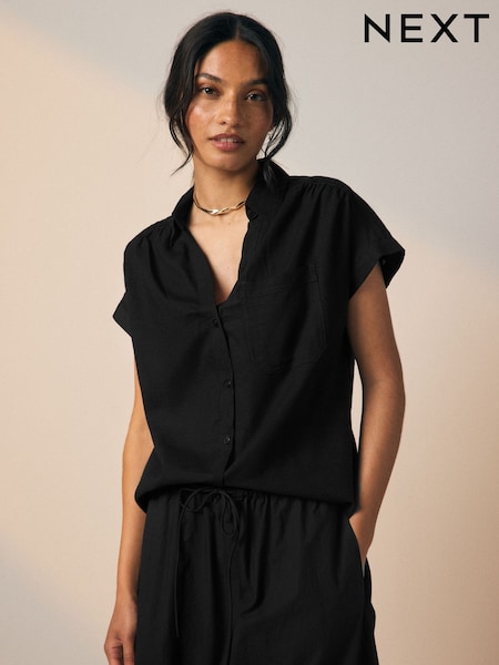 Black Short Sleeve Shirt with Linen (AY5714) | £25