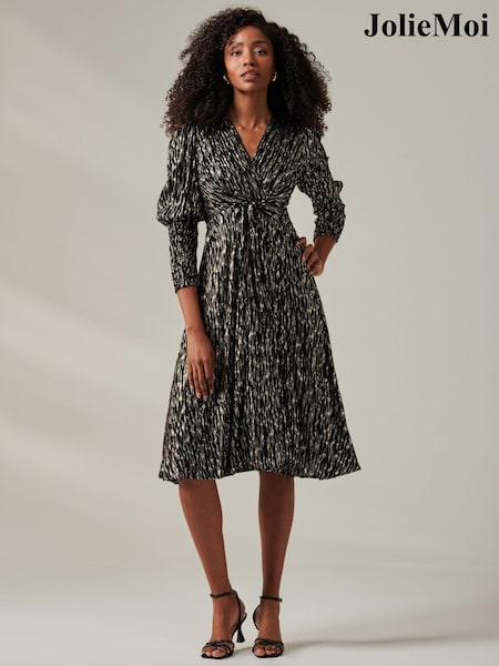 Jolie Moi Black Layla Long Sleeve Metallic Wrap Dress (AY5819) | £75