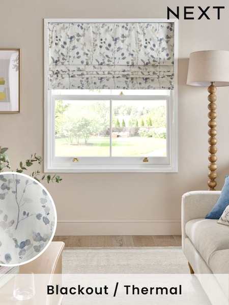 Natural/Blue Ready Made Blackout Roman Floral Print Honesty Leaf Blind (AY6045) | £45 - £100