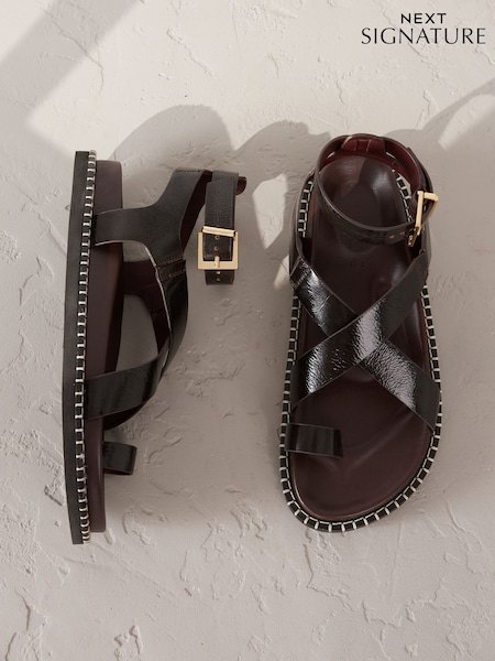 Chocolate Brown Leather Signature Premium Footbed Toe Loop Sandals (AY6132) | £69