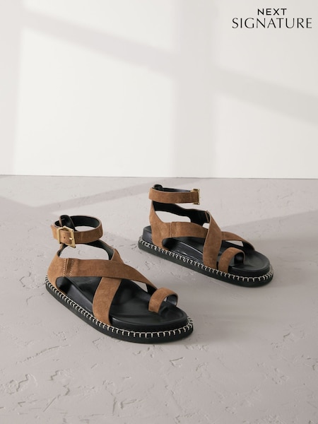 Tan Brown Suede Signature Premium Footbed Toe Loop Sandals (AY6134) | £69