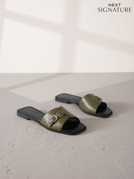 Khaki Green Leather Signature Double Buckle Mule Sandals (AY6140) | £52