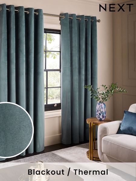 Blue Teal Matte Velvet Blackout/Thermal Curtains (AY6156) | £50 - £135