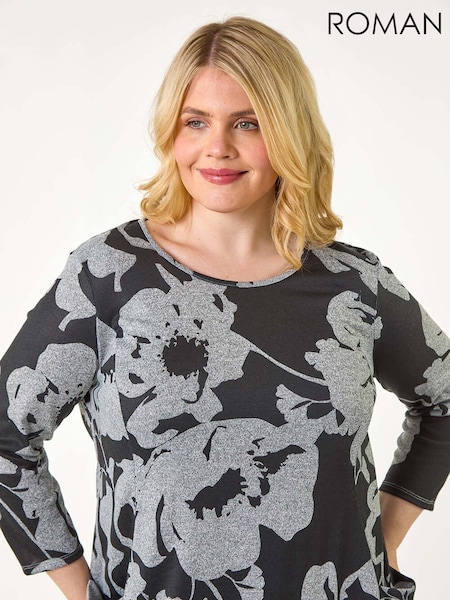 Roman Grey Curve Floral Print Pocket Tunic Top (AY6203) | £35